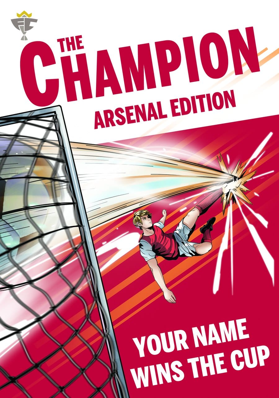 The Champion book cover: a player scores an overhead kick, with the words 'Your name wins the cup'