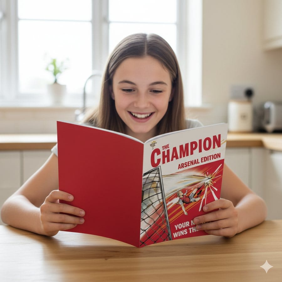 A family reading their personalised edition of The Champion together