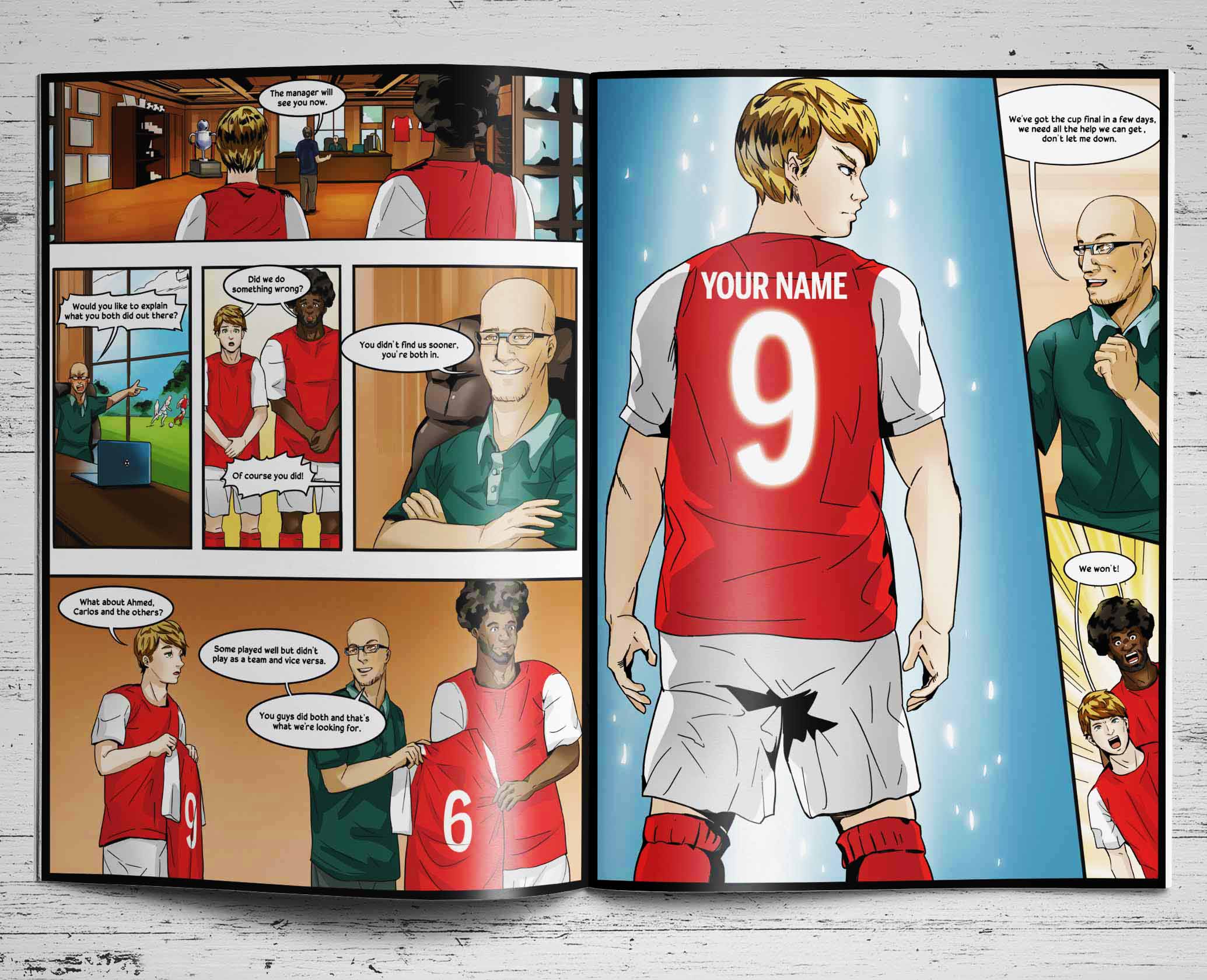 Inside pages of the personalised Arsenal storybook showing the hero named Your Name wearing a number 9 Arsenal shirt