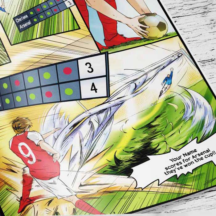 Inside spread of the personalised Arsenal storybook showing the story's hero scoring the winning goal