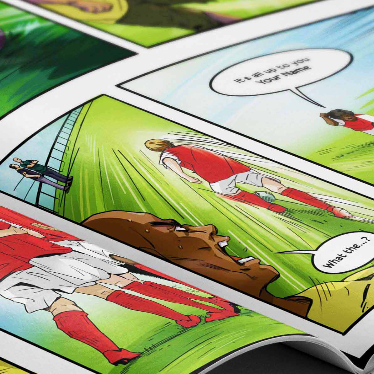 Close-up of comic panels inside the personalised Arsenal football storybook showing the hero scoring the winning goal