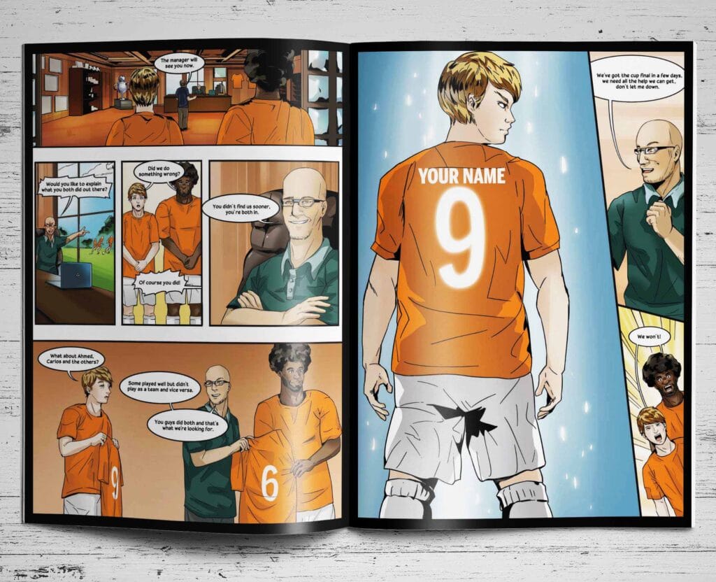 Inside pages of the personalised Blackpool storybook showing the hero named Your Name wearing a number 9 Blackpool shirt