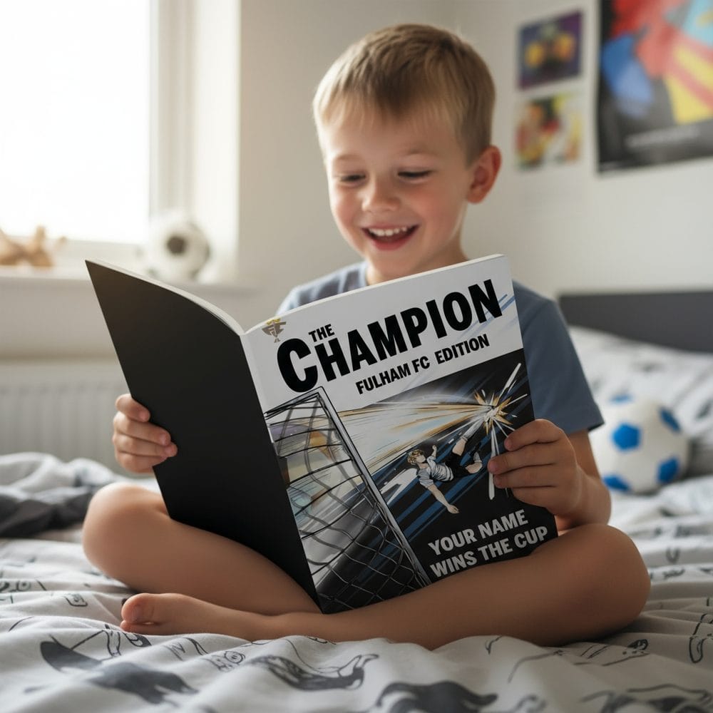 A young boy sitting on his bed reading his personalised Fulham Champion storybook