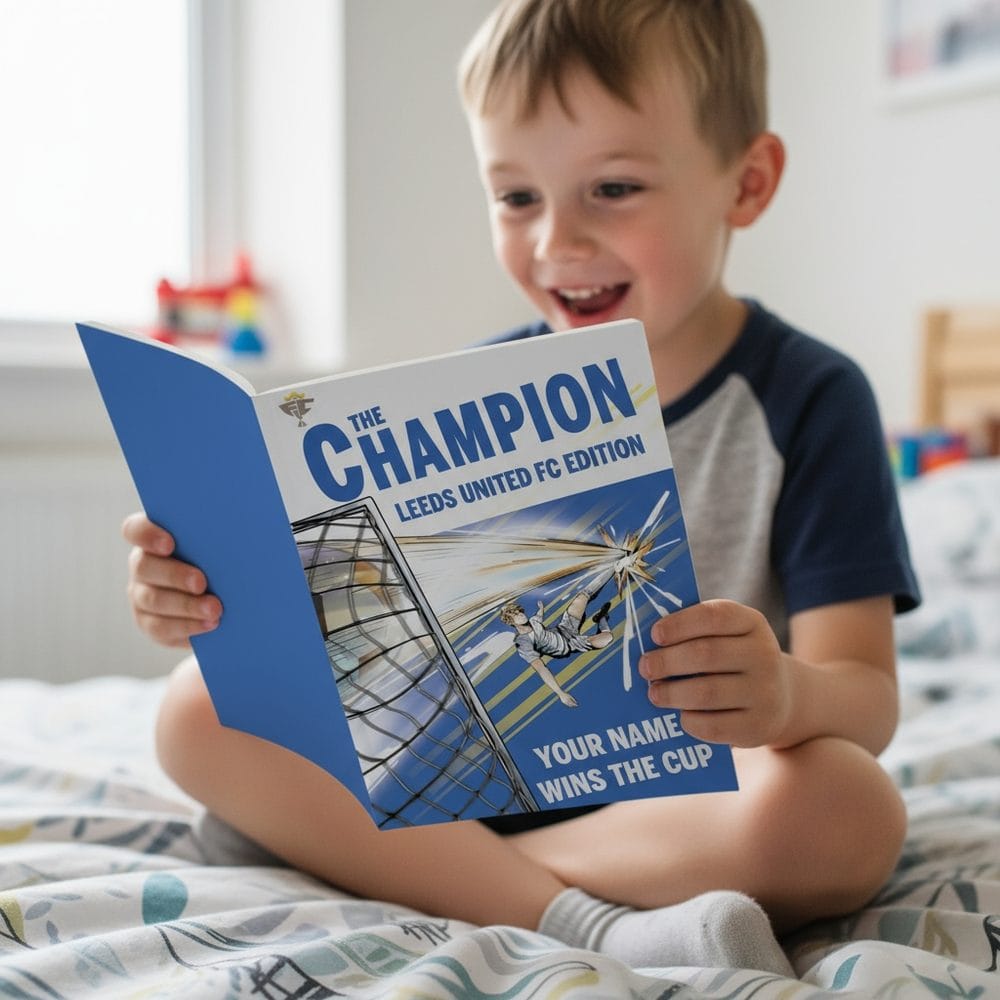 A young boy sitting cross-legged reading his personalised Leeds United Champion storybook