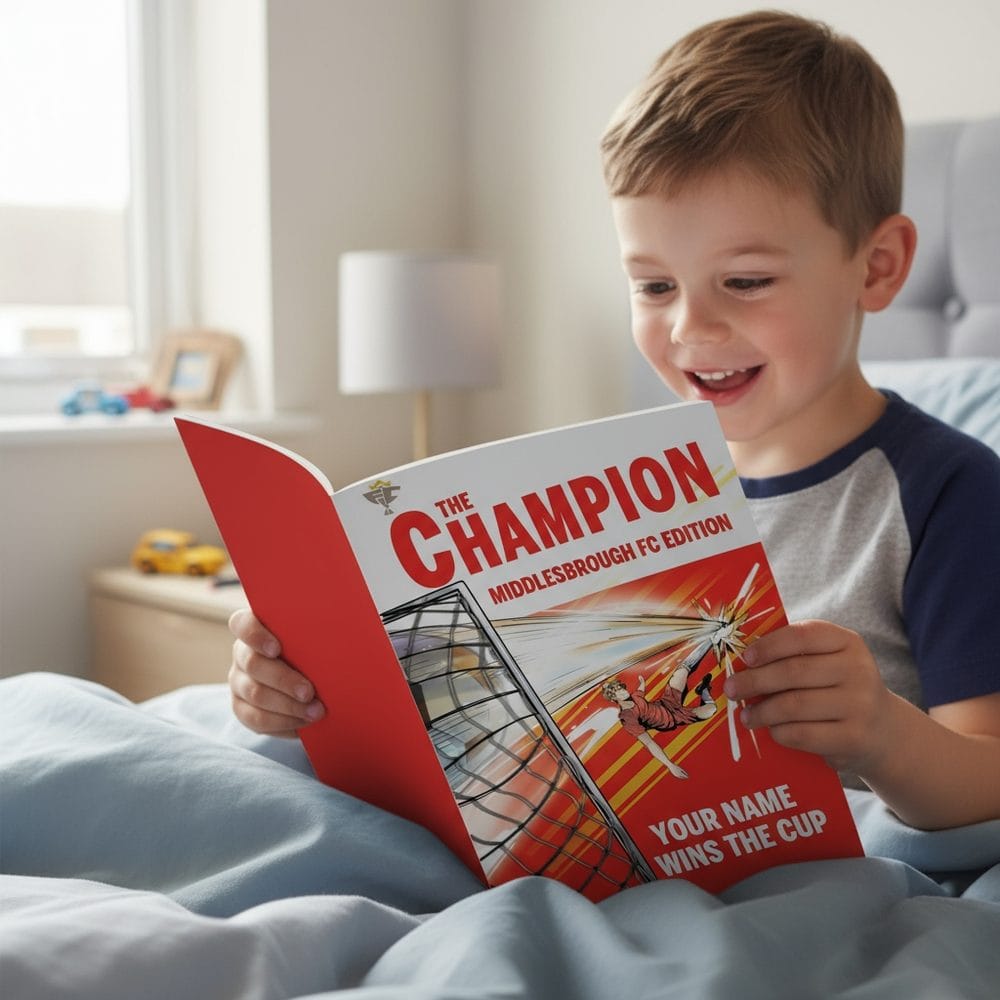 A young boy sitting up in bed reading his personalised Middlesbrough Champion storybook