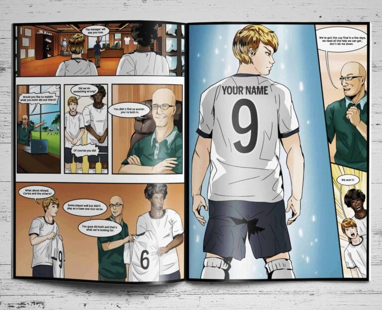 Inside pages of the personalised Tottenham storybook showing the hero named Your Name wearing a number 9 Tottenham shirt