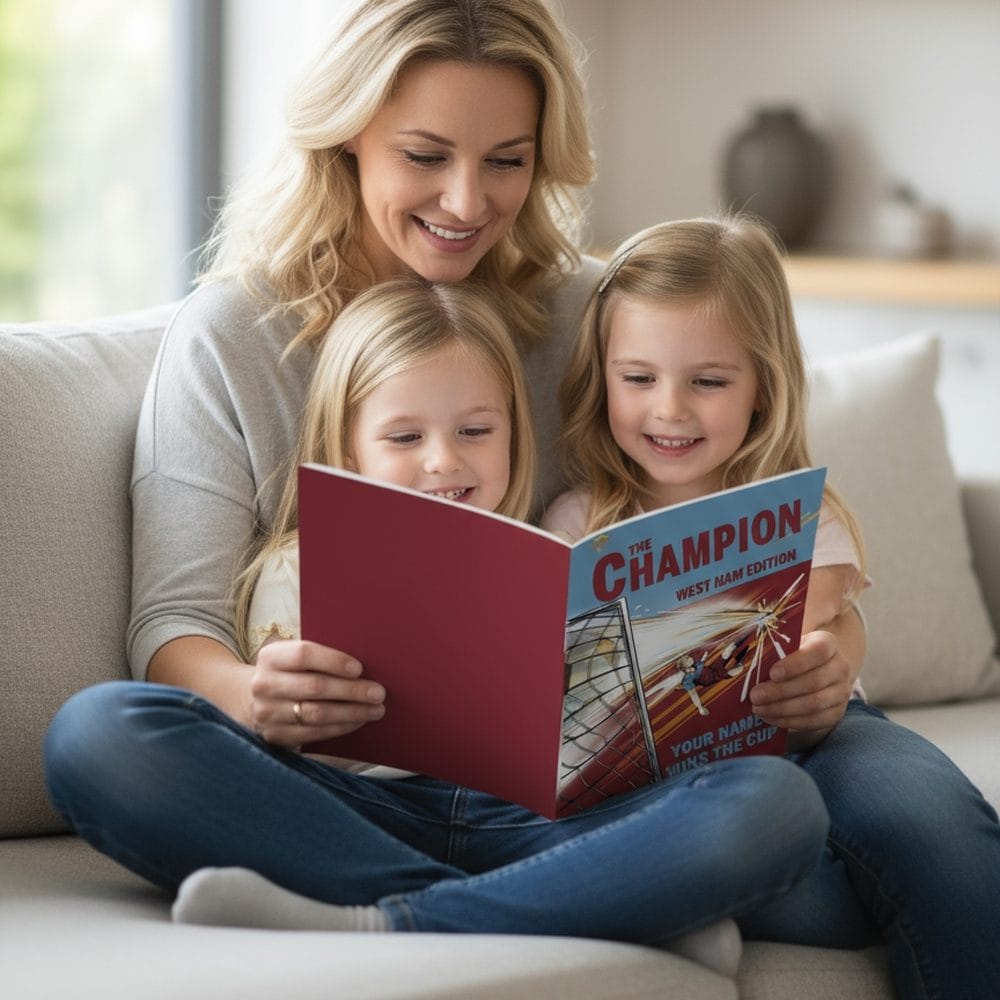 A mum and her two daughters reading the personalised West Ham Champion storybook together on the sofa